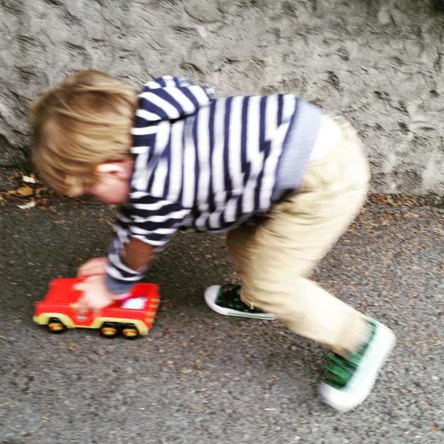 the journey takes longer when he rolls a toy every inch of the way